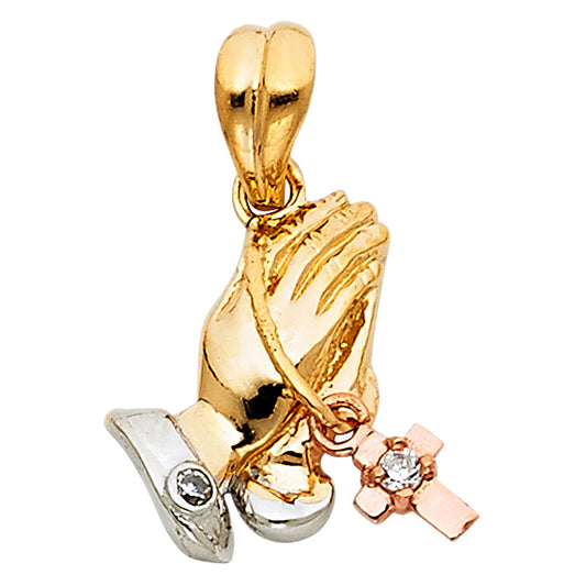 14K Tri-Color Gold Praying Hands Cross CZ Pendant