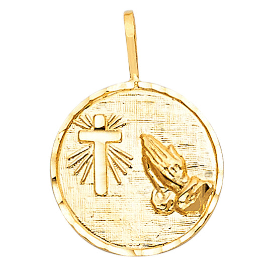 14K Yellow Gold Cross & Praying Hands Round Medallion Pendant
