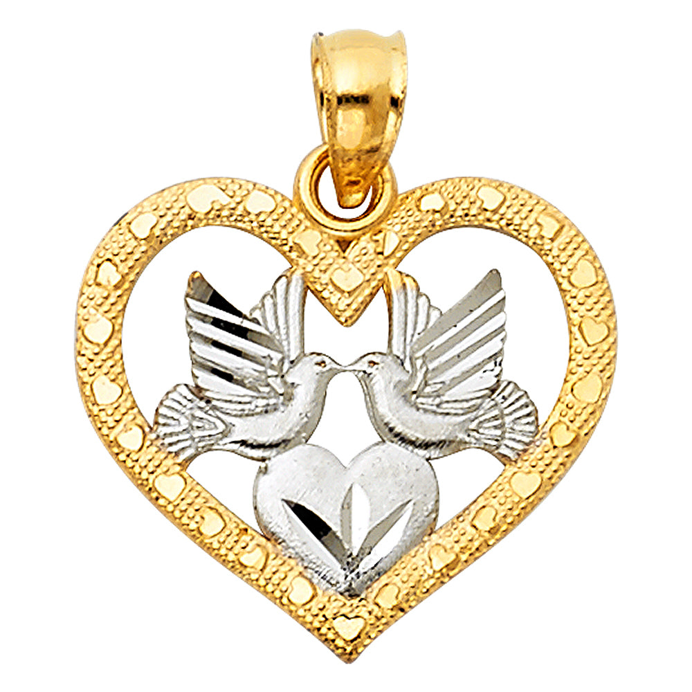 14K Two-Tone Gold Double Dove & Heart Design Pendant