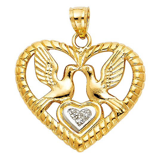 14K Two-Tone Gold Double Dove Heart Design CZ Pendant
