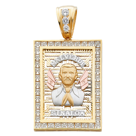 14K Tri-Color Gold Malverde Sinaloa Pendant with CZ 2.2" Tall