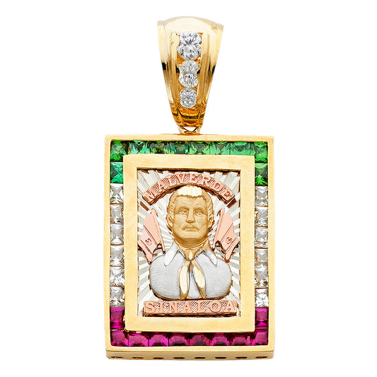 14K Tri-Color Gold Valverde Sinaloa Pendant with Mexican Flag Color Stones 1.6" Tall