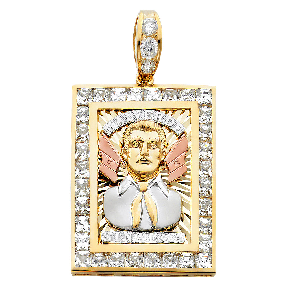 14K Tri-Color Gold Malverde Sinaloa Pendant with CZ 1.6" Tall