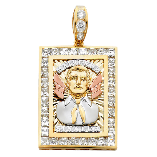 14K Tri-Color Gold Malverde Sinaloa Pendant with CZ 1.6" Tall