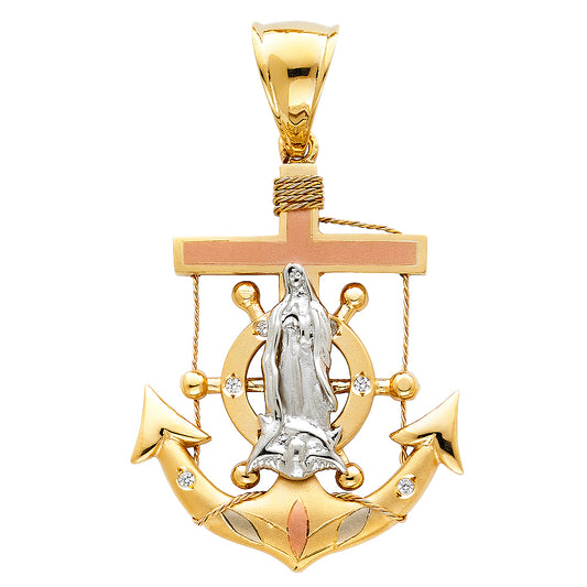 14K Tri-Color Gold Anchor Guadalupe CZ Pendant 1.6" Tall