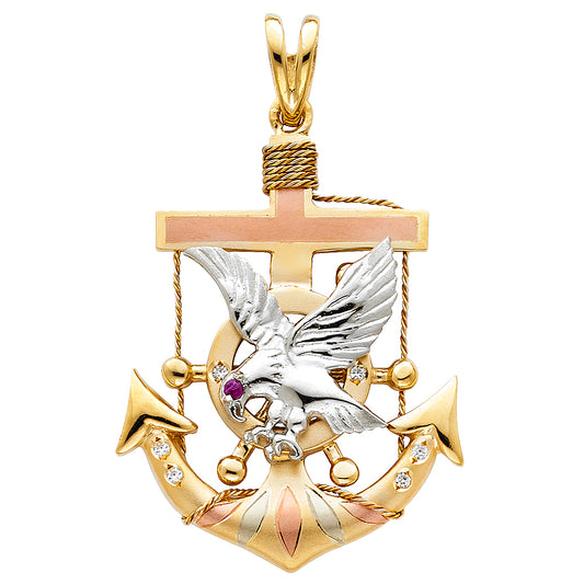 14K Tri-Color Gold Anchor Cross with Eagle and Ruby Eye Pendant 1.7" Tall