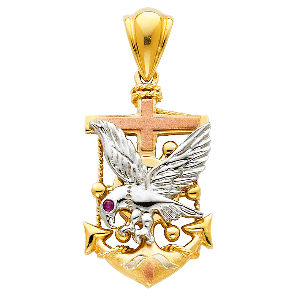 14K Tri-Color Gold Anchor Cross with Eagle and Ruby Eye Pendant 1.2" Tall