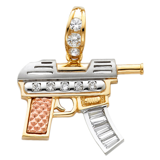 14K Two-Tone Gold CZ Machine Gun Pendant 1.0" Tall