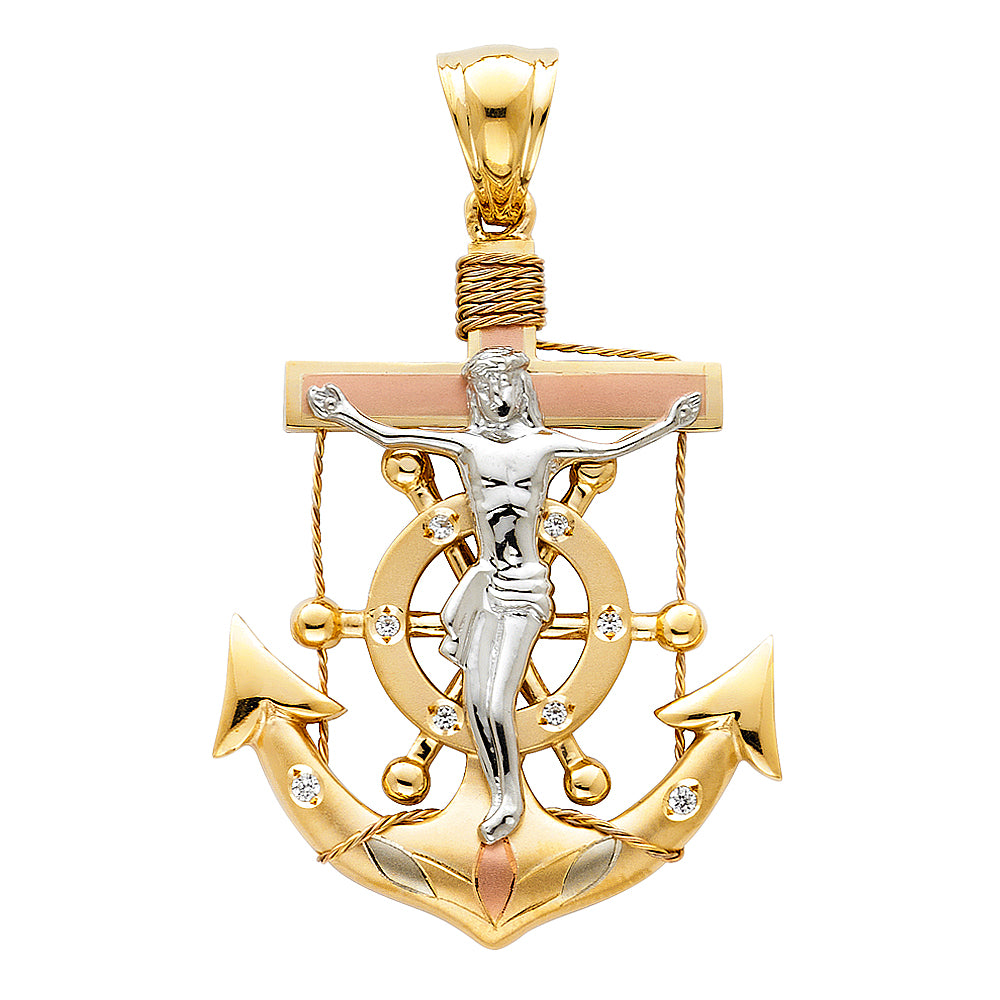 14K Tri-Color Gold Anchor Crucifix CZ Pendant 1.6" Tall