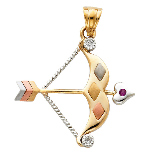 14K Tri-Color Gold Cupid Bow & Arrow Design CZ Pendant