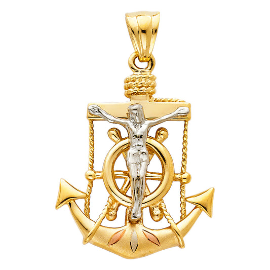 14K Tri-Color Gold Anchor Crucifix CZ Pendant 1" Tall