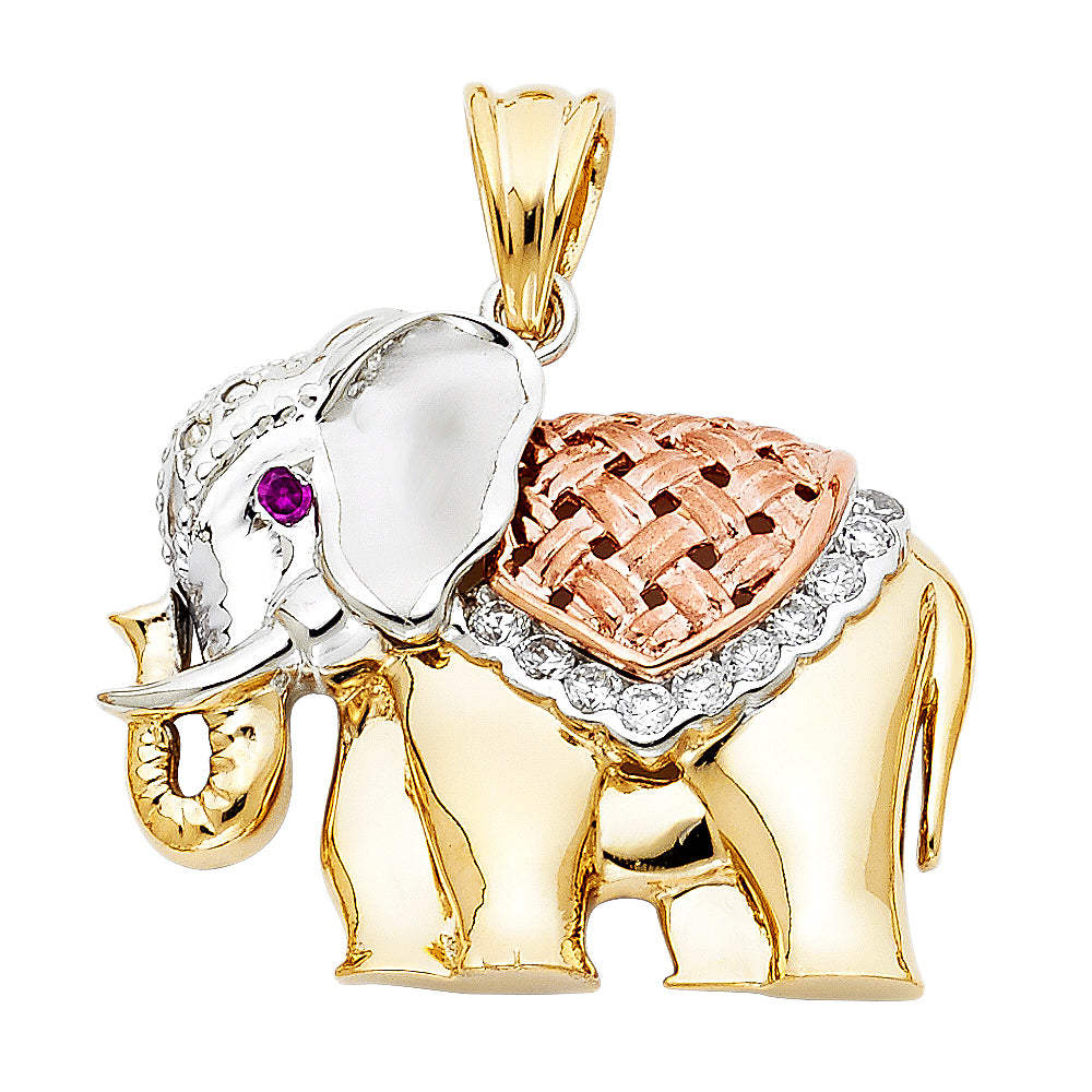 14K Tri-Color Gold CZ Elephant Pendant 1.1" Tall