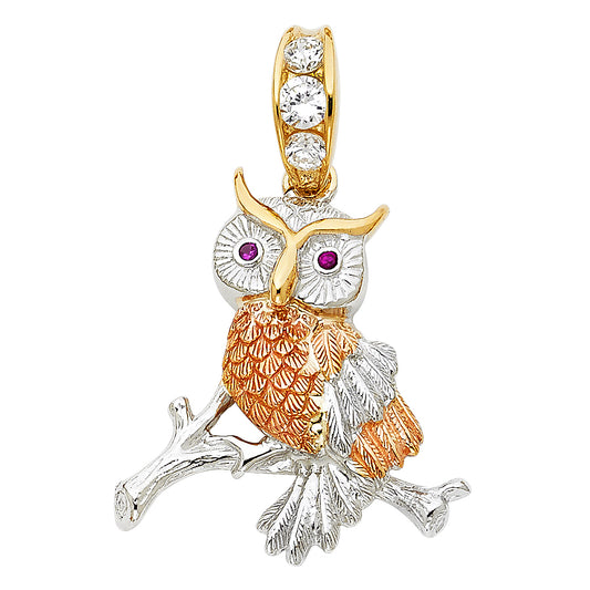 14K Tri-Color Gold Owl Pendant with CZ and Ruby Accents 1.2" Tall