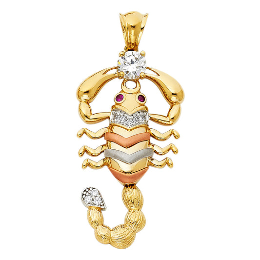 14K Tri-Color Gold Scorpion Red CZ Pendant 1.5" Tall