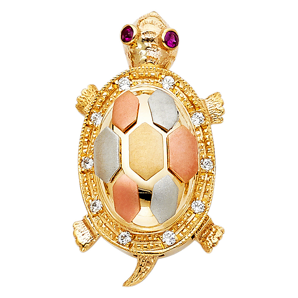 14K Tri-Color Gold Turtle Red CZ and White CZ Pendant 1.2" Tall