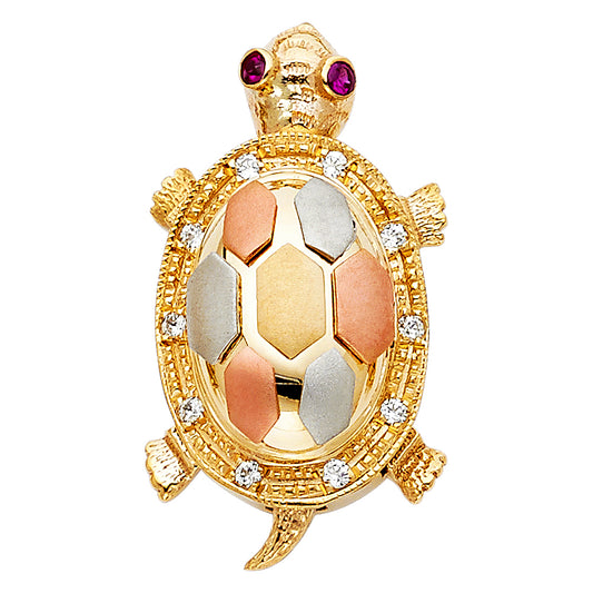 14K Tri-Color Gold Turtle Red CZ and White CZ Pendant 1.2" Tall