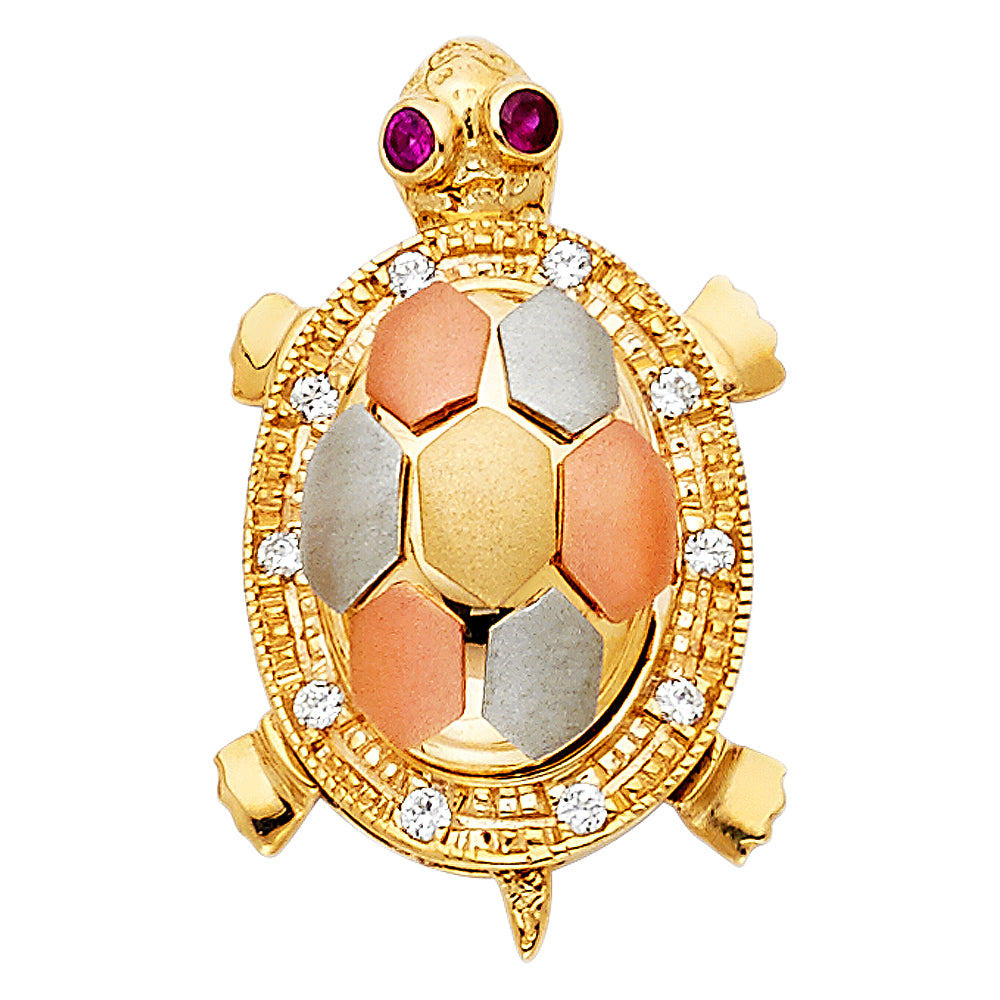 14K Tri-Color Gold Turtle Red CZ and White CZ Pendant 1.1" Tall