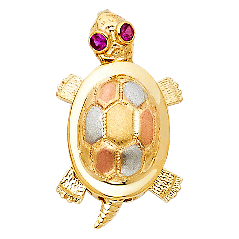 14K Tri-Color Gold Turtle Red CZ Pendant 0.9" Tall
