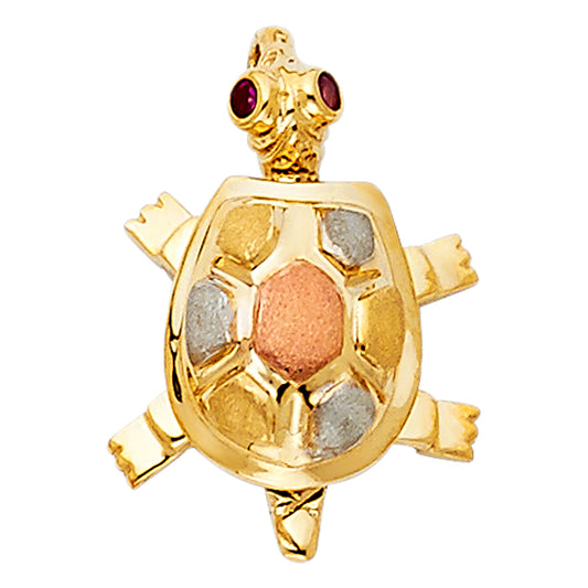 14K Tri-Color Gold Turtle Red CZ Pendant 0.7" Tall