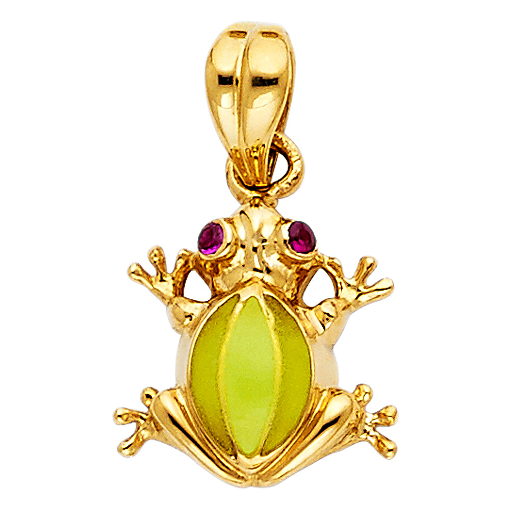 14K Yellow Gold Frog Pendant with Green Accent and Red CZ Eyes