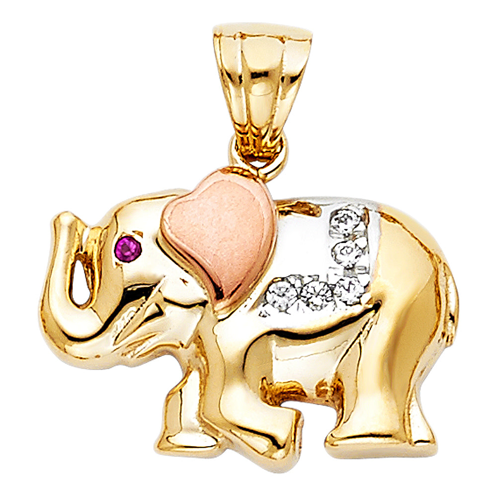 14K Tri-Color Gold CZ Elephant Pendant 0.6" Tall