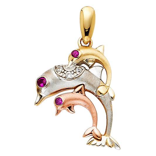 14K Tri-Color Gold Dolphin Family Red CZ and White CZ Pendant 0.8" Tall