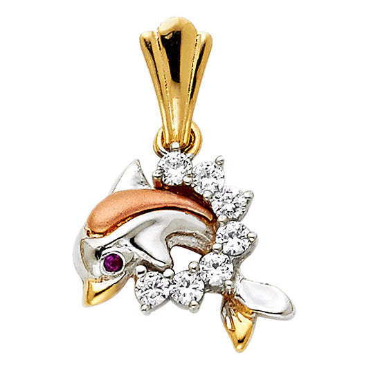 14K Tri-Color Gold Dolphin Red CZ and White CZ Pendant 0.5" Tall
