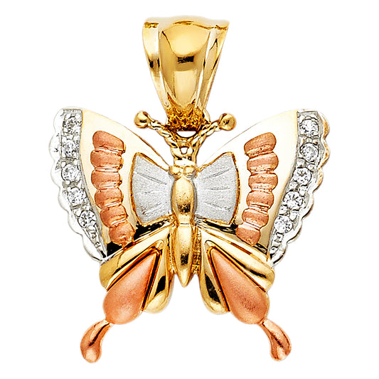 14K Tri-Color Gold Butterfly CZ Pendant