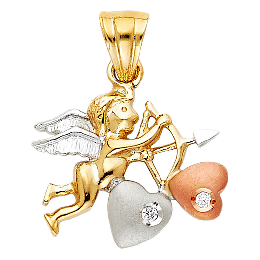 14K Tri-Color Gold Cupid & Double Heart Design CZ Pendant