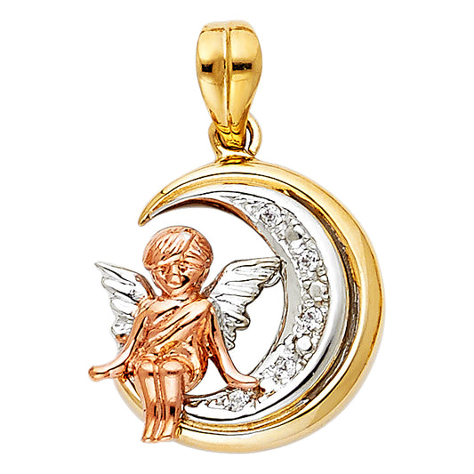 14K Tri-Color Gold Angel on Crescent Moon CZ Pendant