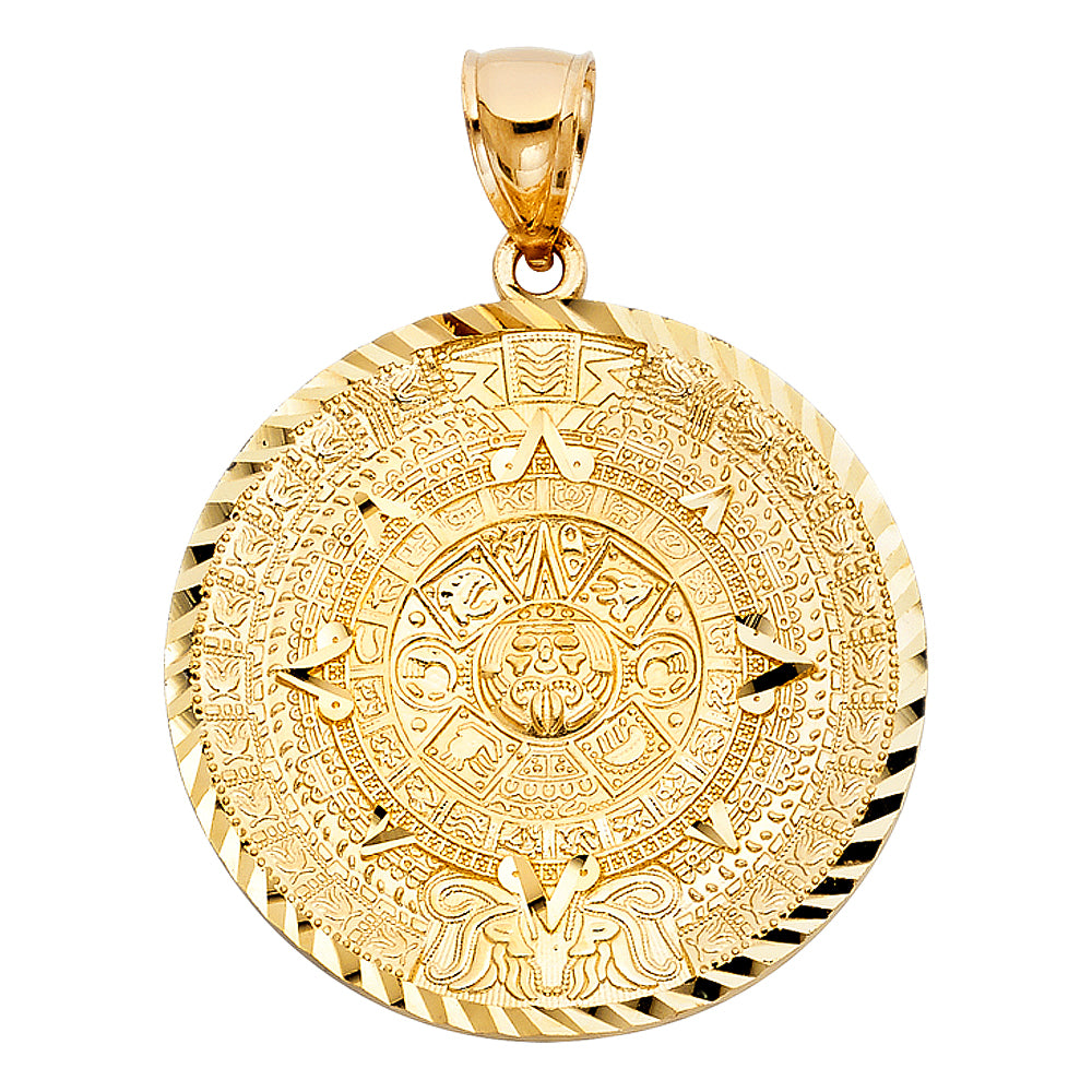14K Yellow Gold Aztec Calendar Medallion 1.6" Tall