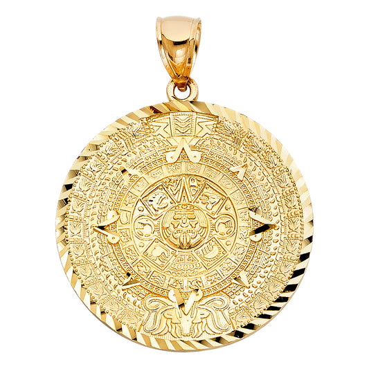 14K Yellow Gold Aztec Calendar Medallion 1.6" Tall