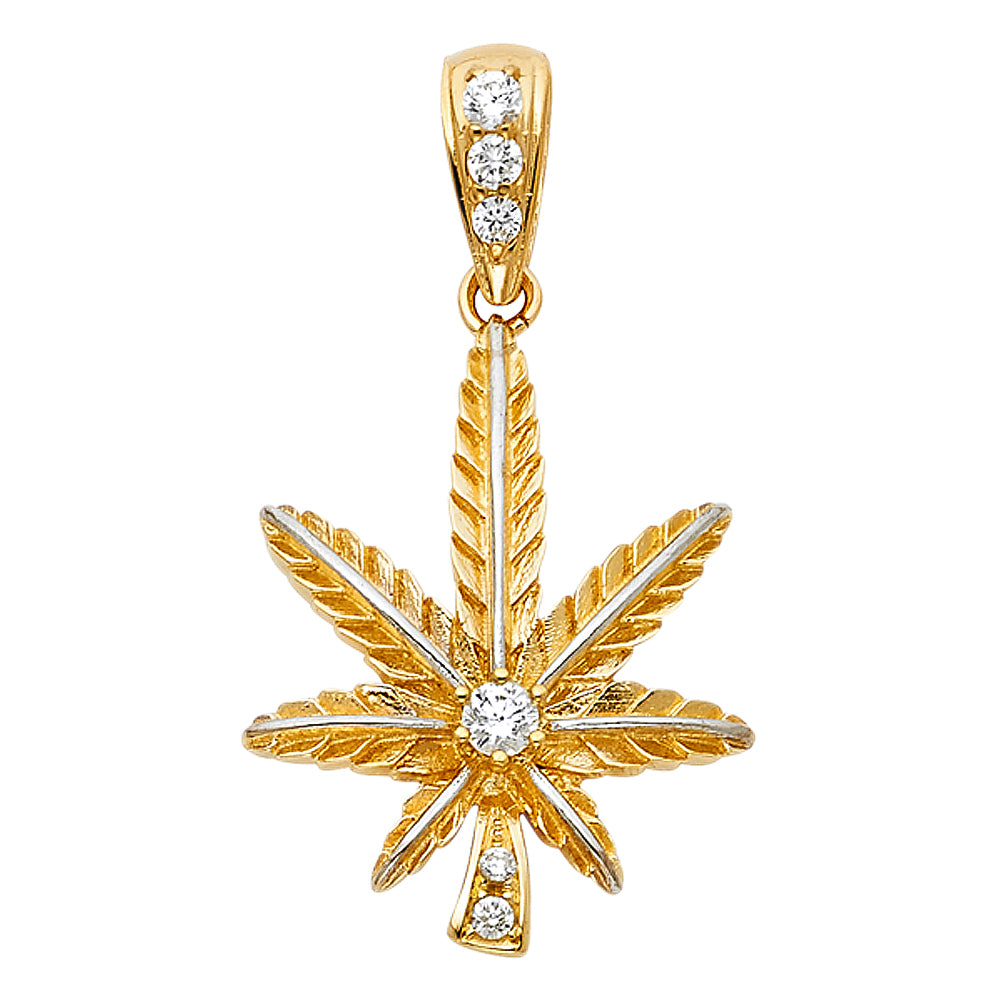 14K Two-Tone Color Gold CZ Leaf Design Pendant 1.2" Tall