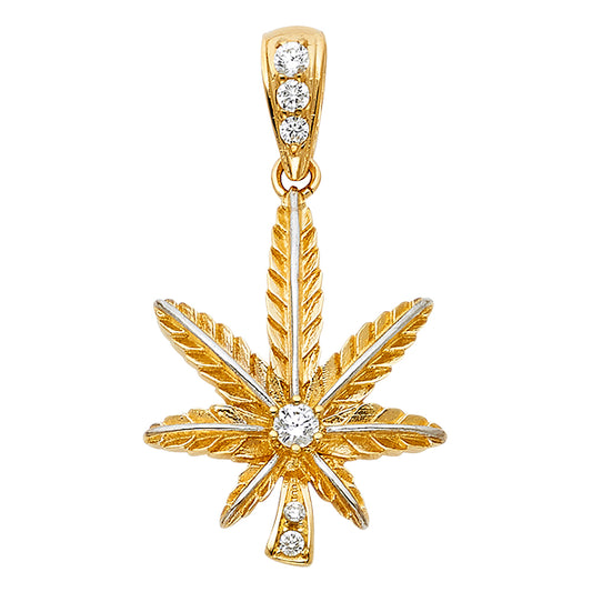 14K Two-Tone Color Gold CZ Leaf Design Pendant 1.2" Tall