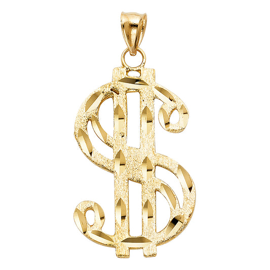 14K Yellow Gold Dollar Sign Pendant 1.7" Tall