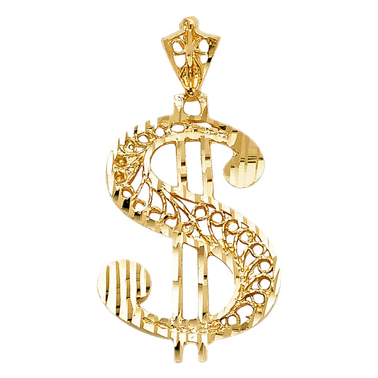 14K Yellow Gold Filigree Dollar Sign Pendant 1" Tall