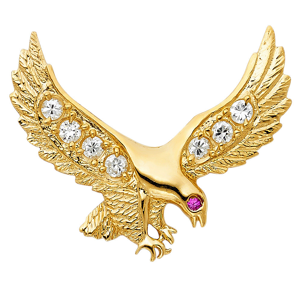 14K Yellow Gold Eagle Design Pendant with Multicolor CZ Stones 1.4" Tall