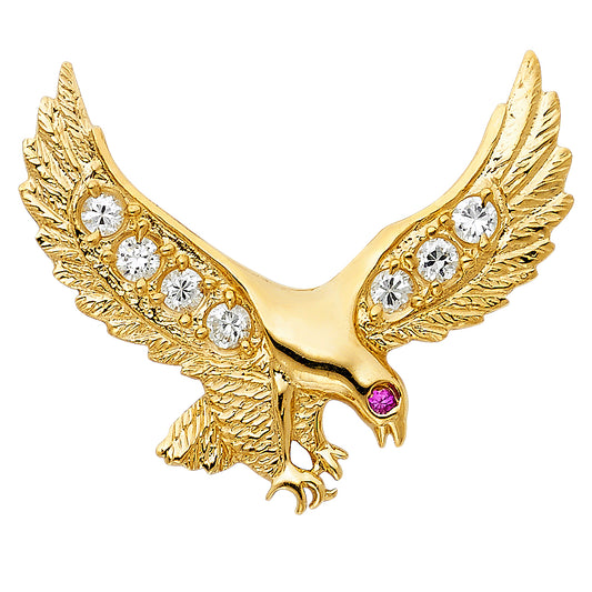 14K Yellow Gold Eagle Design Pendant with Multicolor CZ Stones 1.4" Tall