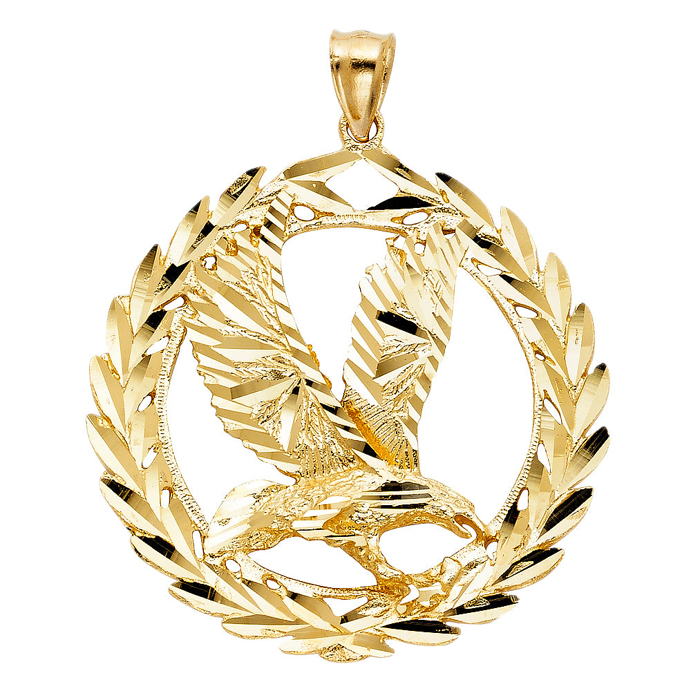 14K Yellow Gold Eagle in Wreath Pendant 1.8" Tall