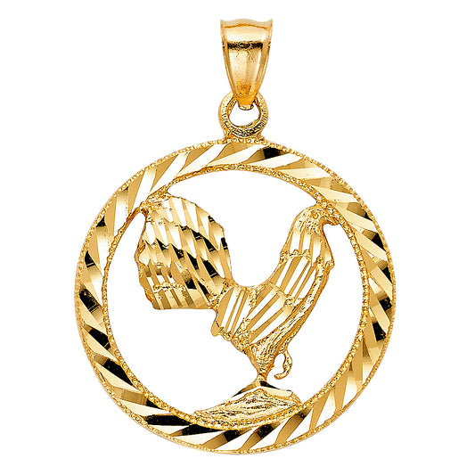 14K Yellow Gold Rooster Circle Pendant