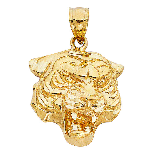 14K Yellow Gold Tiger Head Pendant 0.9" Tall