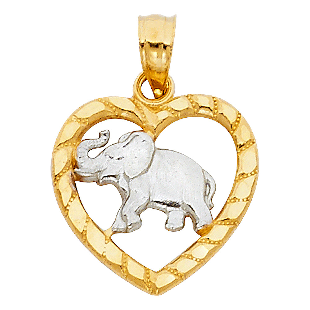 14K Two-Tone Gold Heart Elephant Pendant 0.6" Tall