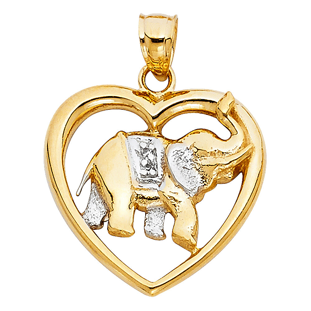 14K Two-Tone Gold CZ Heart Elephant Pendant 0.9" Tall