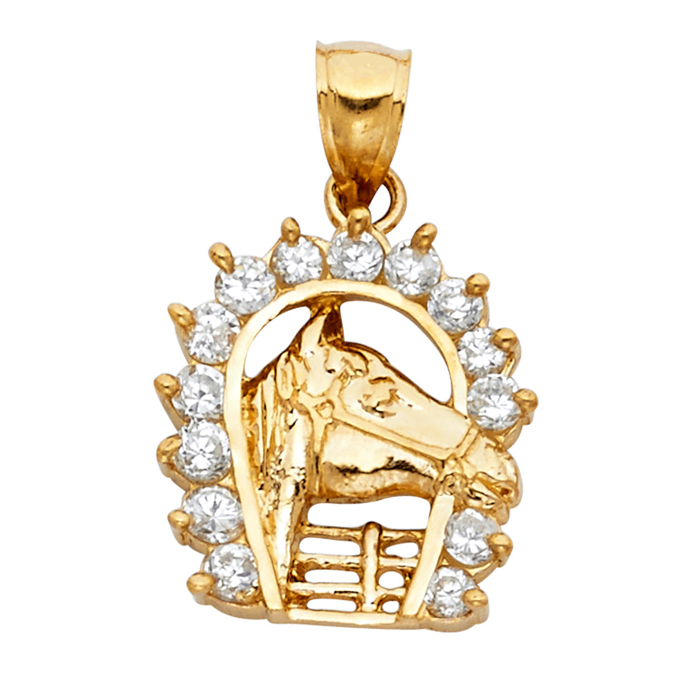 14K Yellow Gold Horse Head Horseshoe CZ Pendant