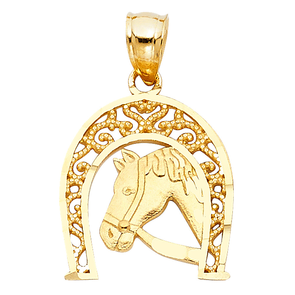 14K Yellow Gold Horse Head Filigree Horseshoe Pendant