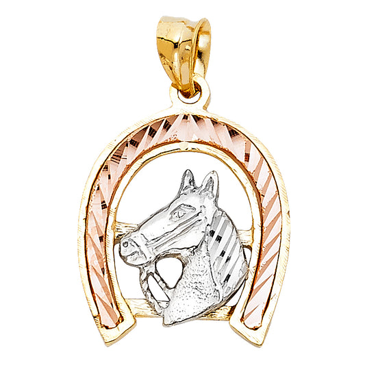 14K Tri-Color Gold Horse Head Horseshoe Pendant