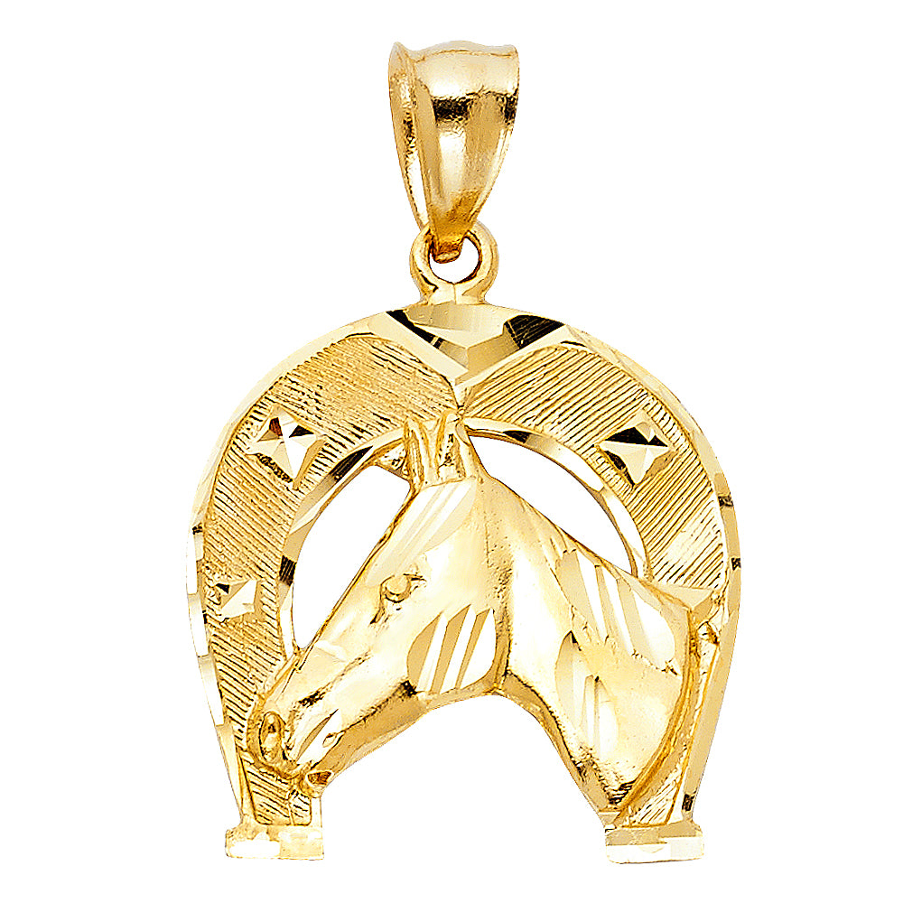 14K Yellow Gold Horse Head in Horseshoe Pendant