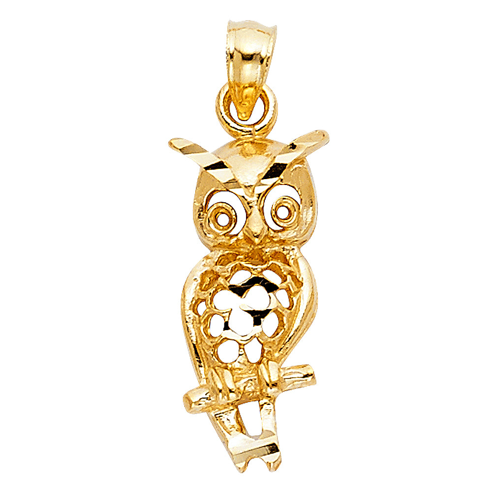 14K Yellow Gold Filigree Owl Pendant 0.8" Tall