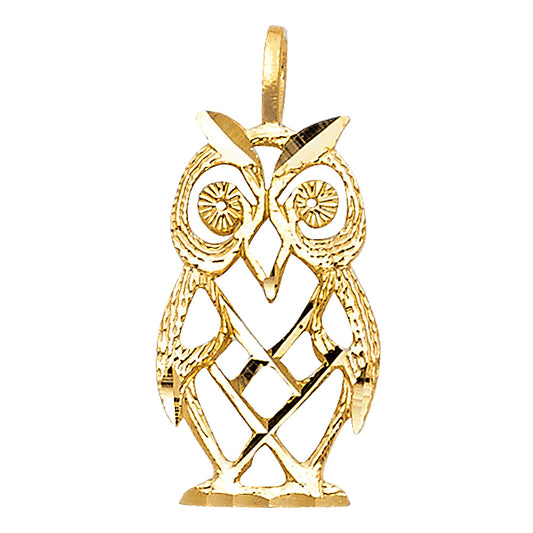 14K Yellow Gold Filigree Owl CZ Pendant 0.9" Tall
