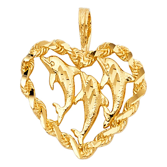 14K Yellow Gold Triple Dolphin Heart Pendant aprox .75"